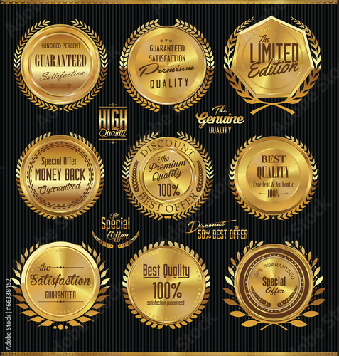 Golden premium quality labels with laurel wreaths
