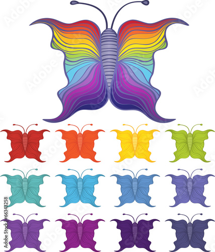 Set of cartoon butterflies in 12 different color schemes