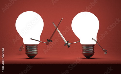 Billede på lærred Glowing light bulbs fighting duel on red
