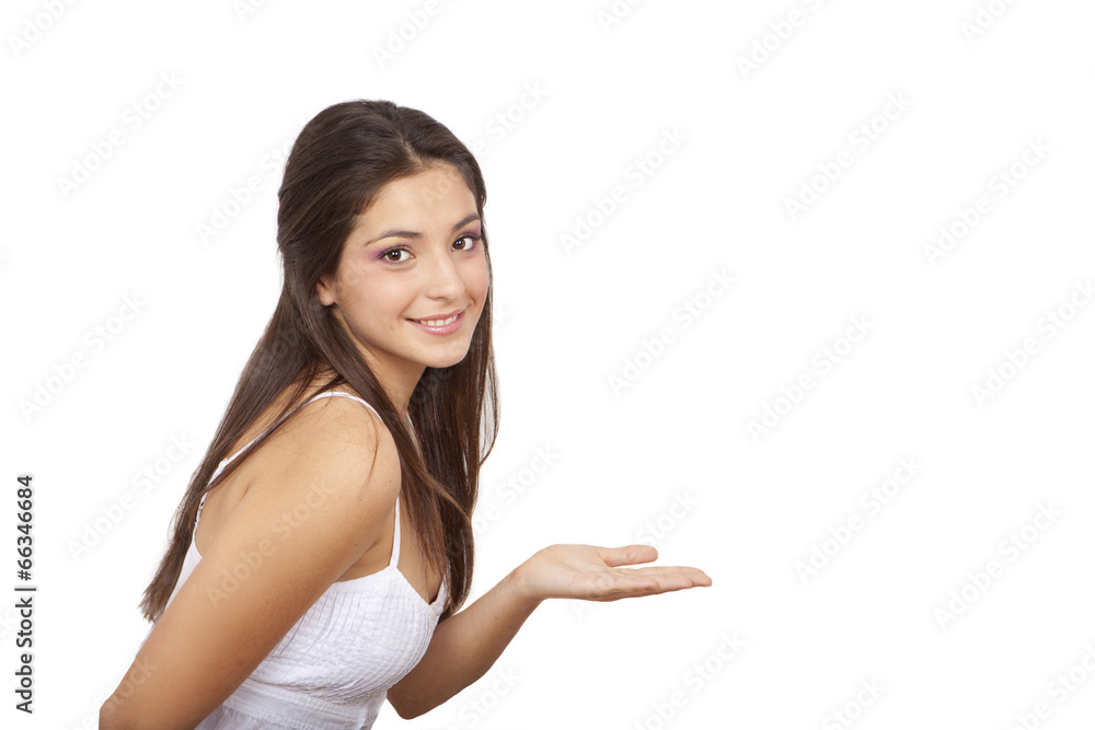 young woman holding out empty hand young woman holding out empty hand