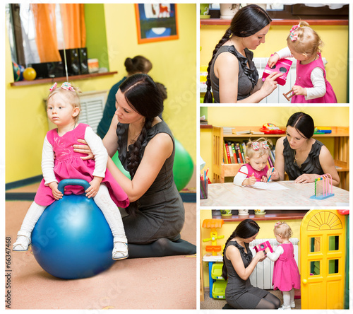 Fotografie Mother and child girl playing in kindergarten in Montessori