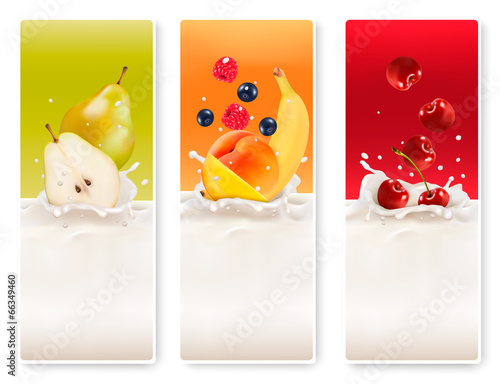 Three fruit and milk labels. Vector.