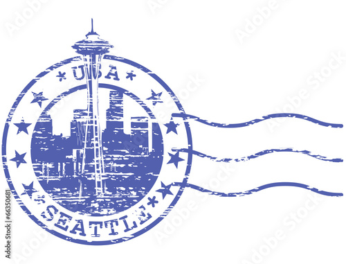 Shabby stamp with cityscape of Seattle - sights of USA