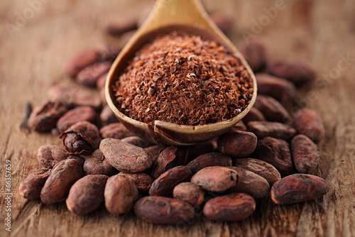 cocoa powder in spoon on roasted cocoa chocolate beans backgroun © Elena Moiseeva