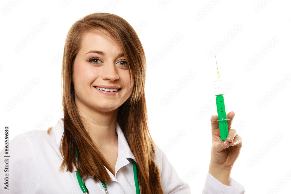 Medical. Woman doctor in lab coat with syringe Medical. Woman doctor in lab coat with syringe