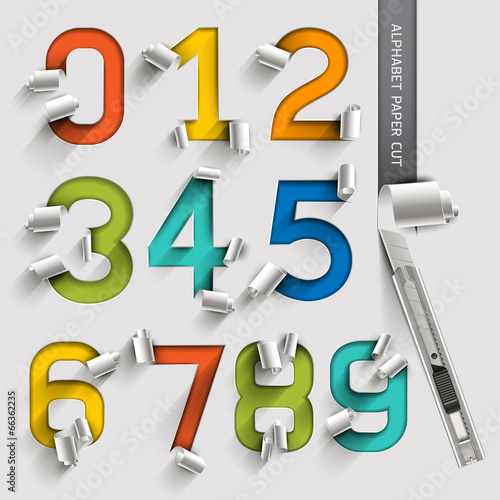 Alphabet number paper cut colorful font style. Vector illustrati