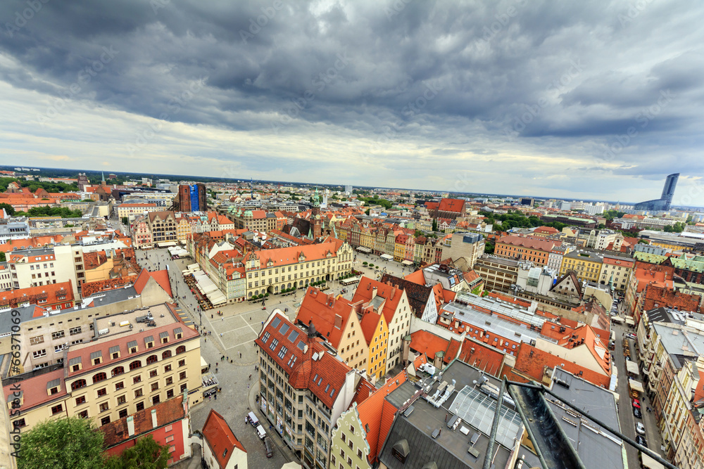 Extremely wide angle photo of Wroclaw center, Poland