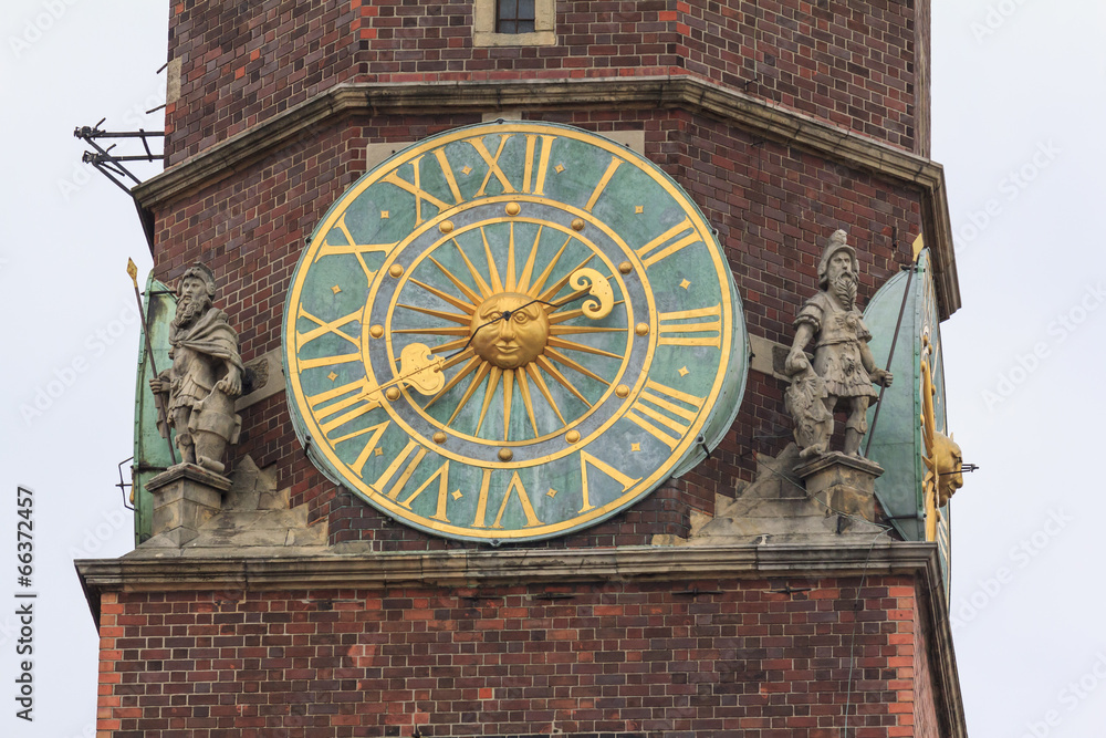 Obraz premium Fragment of the main tower of the city hall, Wroclaw, Poland