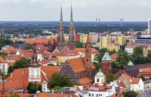 Aerial view of numerous church towers and spires in Wroclaw, Pol