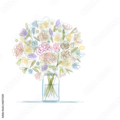 Fototapeta Naklejka Na Ścianę i Meble -  Floral bouquet in jar, sketch for your design
