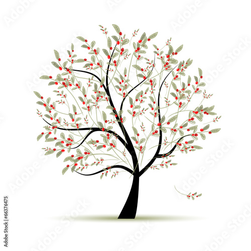 Green tree with red berries for your design