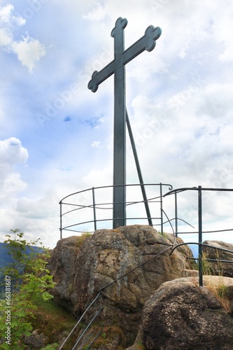 Cross at peak of Krzyzna Gora in Poland photo