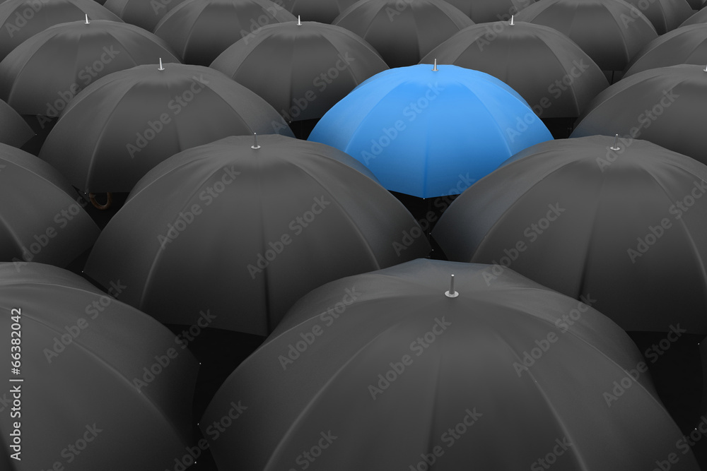 Obraz premium Many black umbrellas. One blue unique umbrella