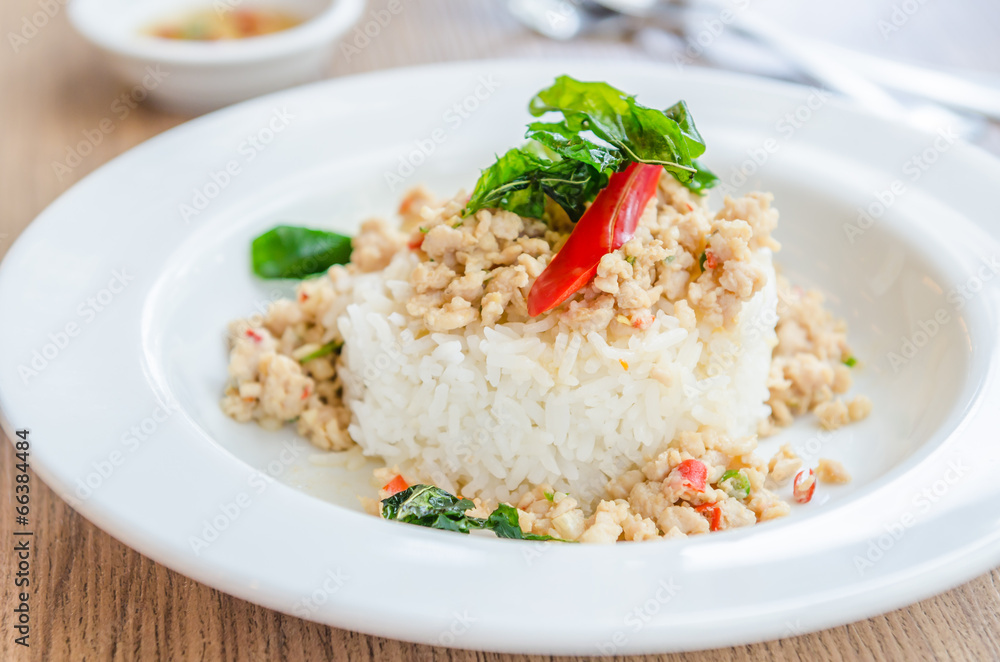Spicy fried chicken with basil and rice Spicy fried chicken with basil and rice