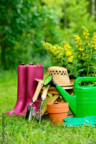 Gardening tools on green background and grass