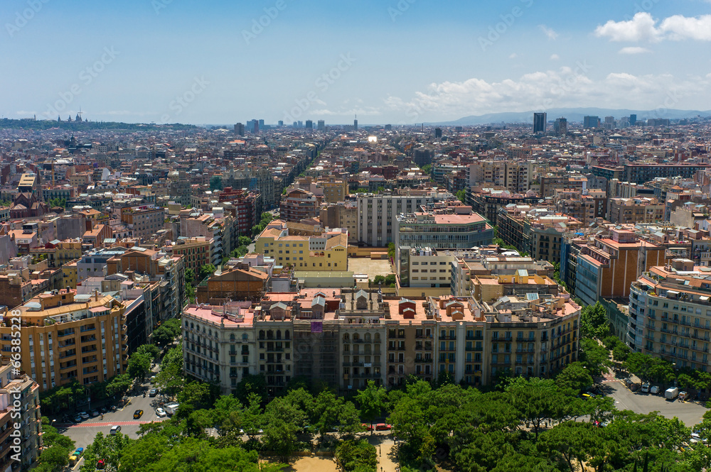 Aerial view of the Eixample district in Barcelona, Spain