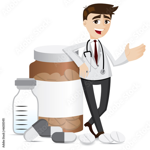 cartoon pharmacist with medicine pills and bottle