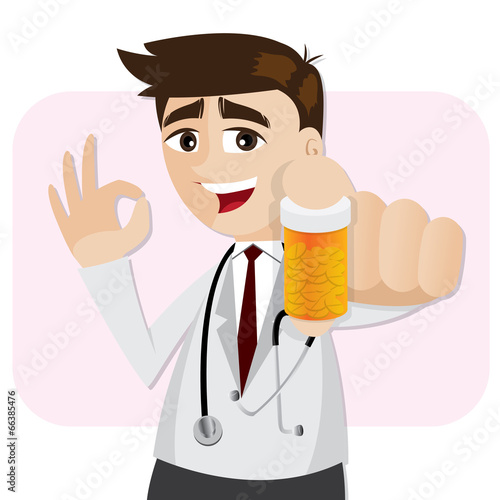 cartoon pharmacist showing medicine bottle