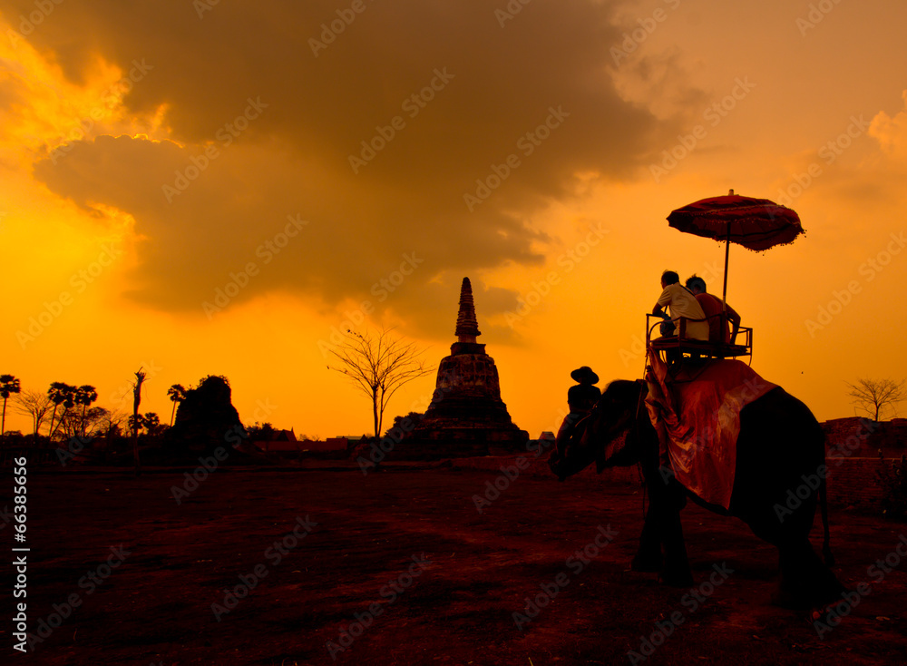 Silhouette of people on an elephant in the sunset