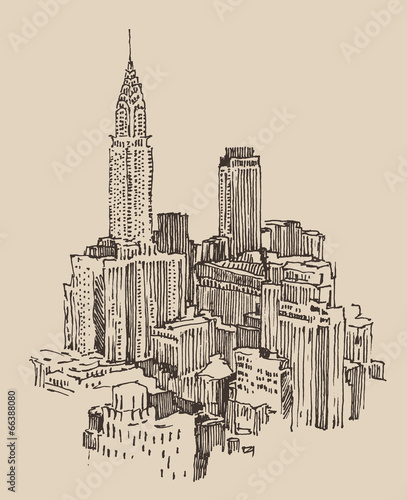 New York city engraving vector illustration, hand drawn