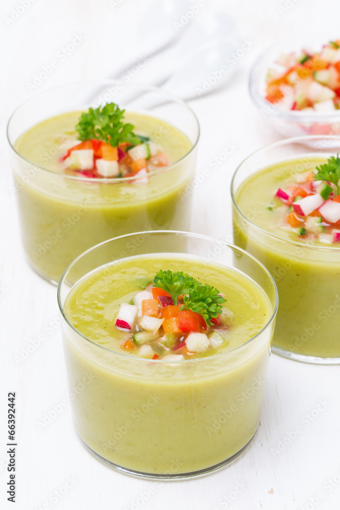 green soup with fresh vegetables, top view green soup with fresh vegetables, top view