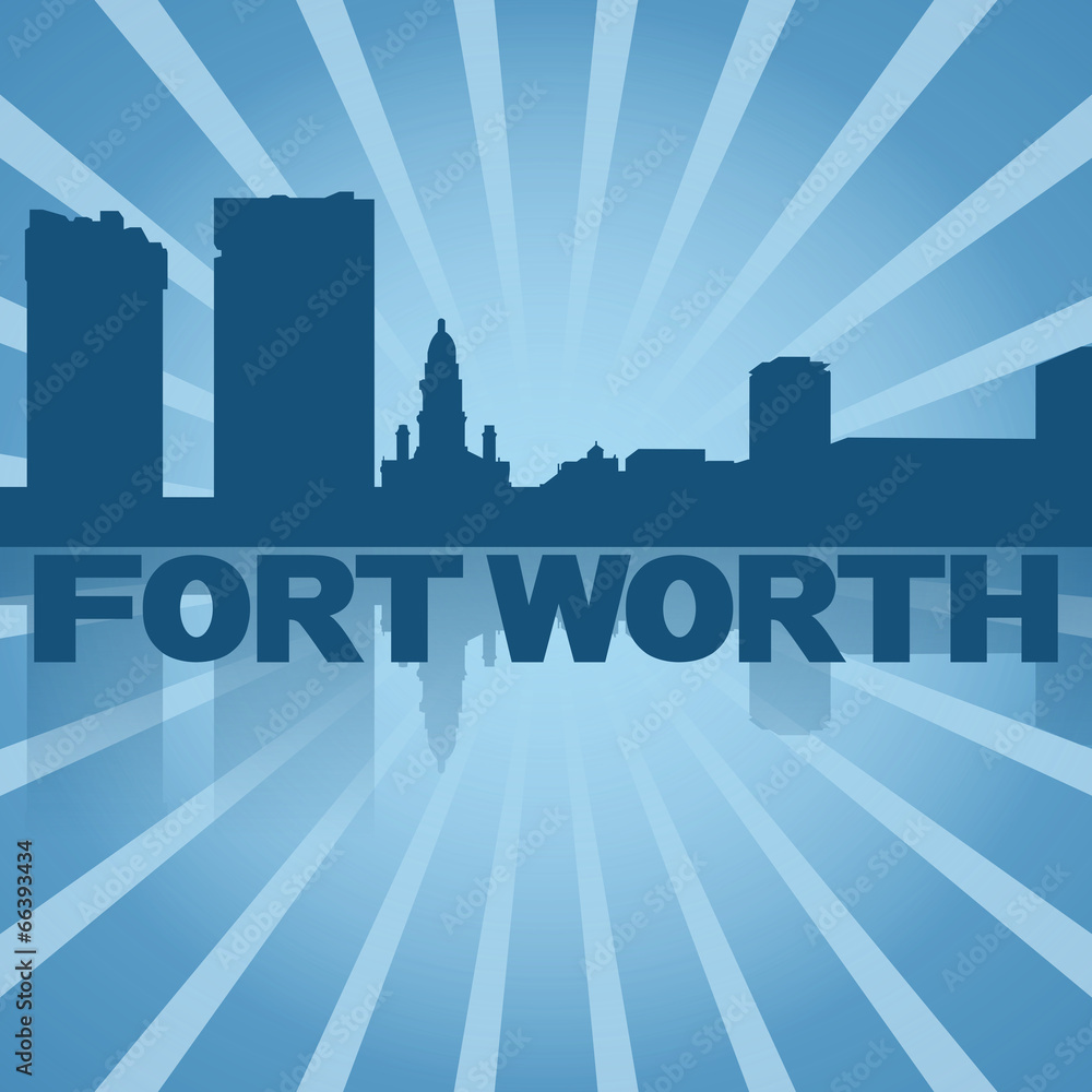 Fort Worth skyline reflected with blue sunburst illustration