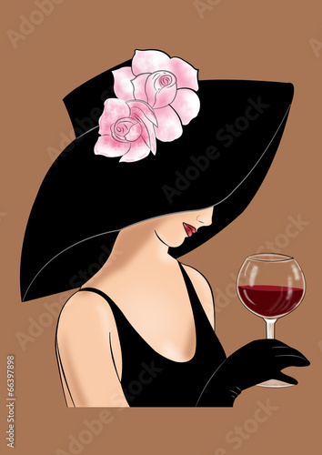 дама в шляпе с розовыми розами и бокалом