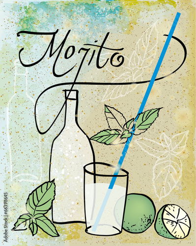 MOJITO / Retro card with summer drink on the sandy beach