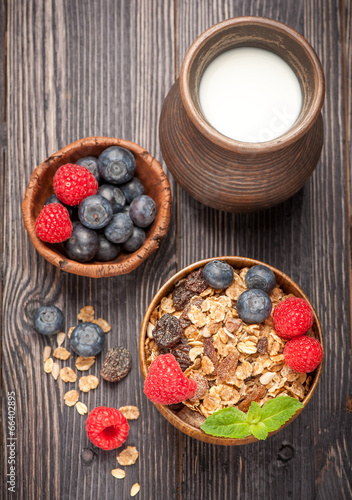 Healthy Breakfast granola muesli with berries and milk