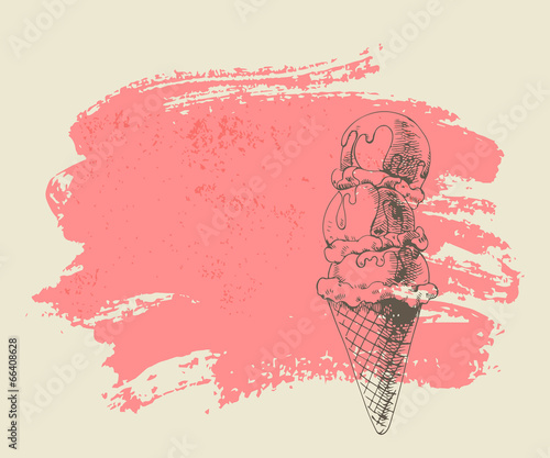 Ice cream scoops on cone on pink grunge background.