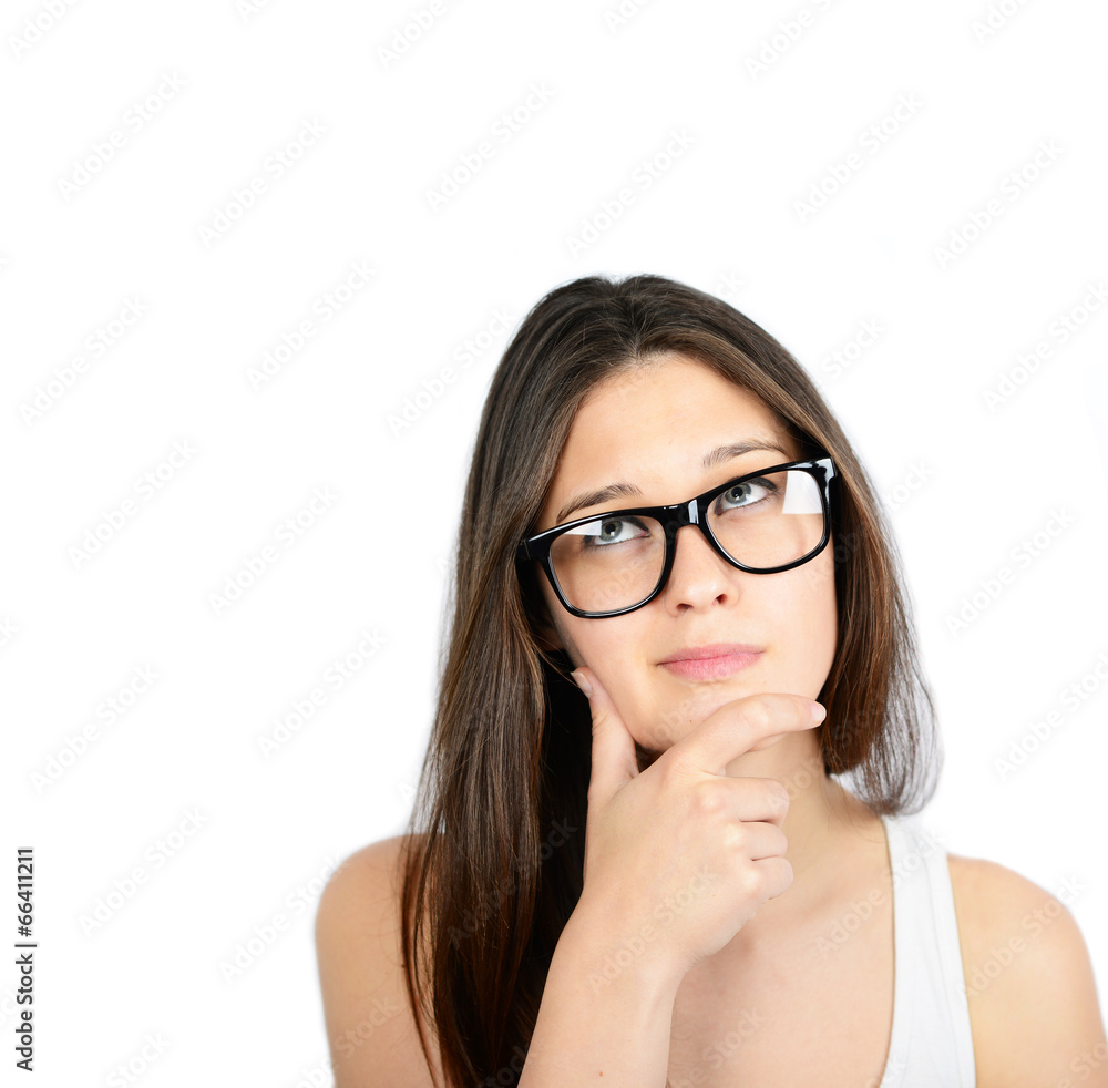 Portrait of beautiful girl looking up against and thinking again Portrait of beautiful girl looking up against and thinking again