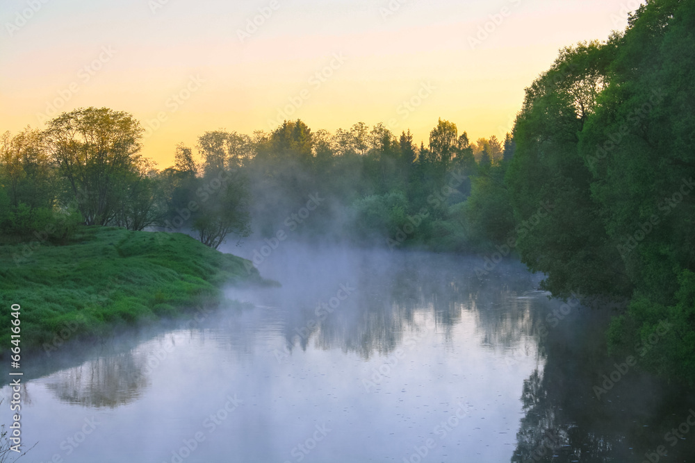 Fototapeta premium landscape with sunrise over the river and fog