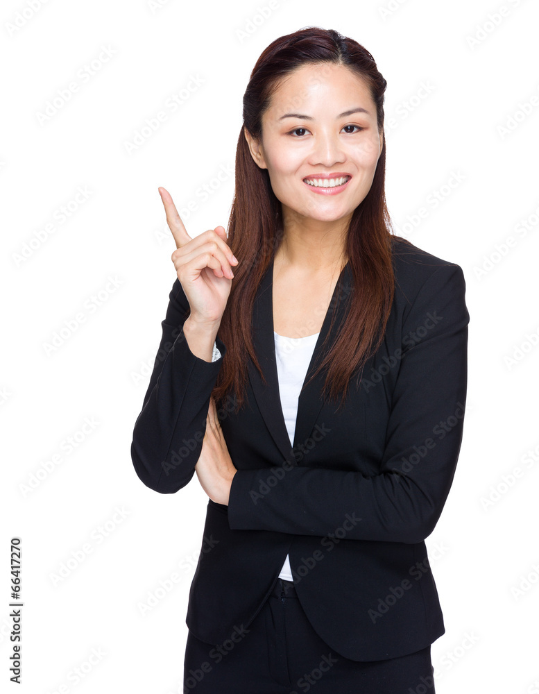 Asian businesswoman finger point up Asian businesswoman finger point up