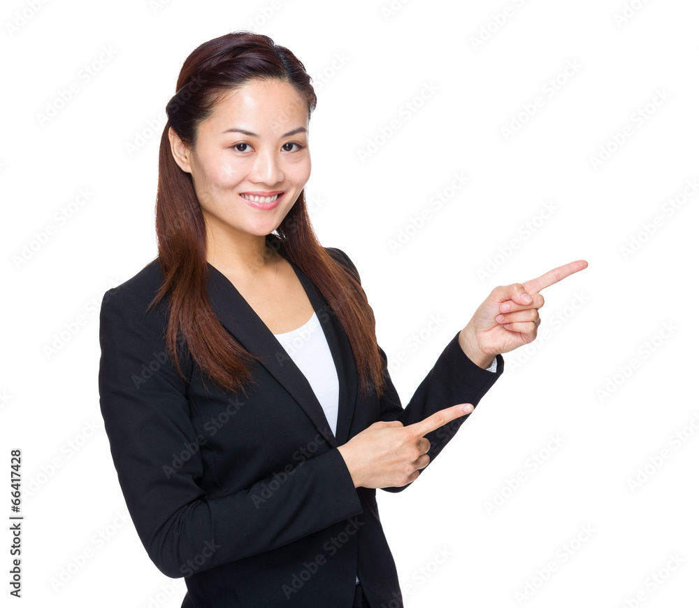 Asian business woman with two hand point aside Asian business woman with two hand point aside