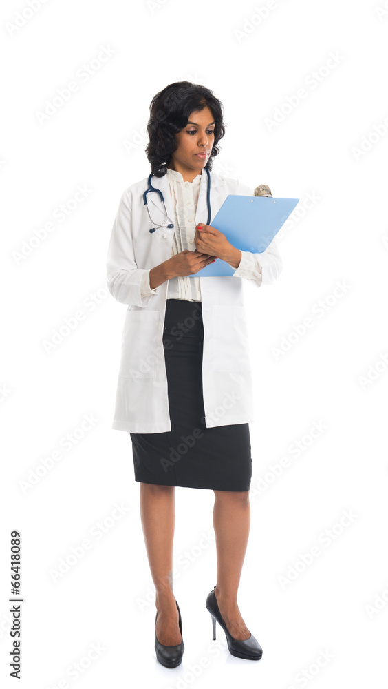 indian female doctor reading folder full body on white backgroun indian female doctor reading folder full body on white backgroun