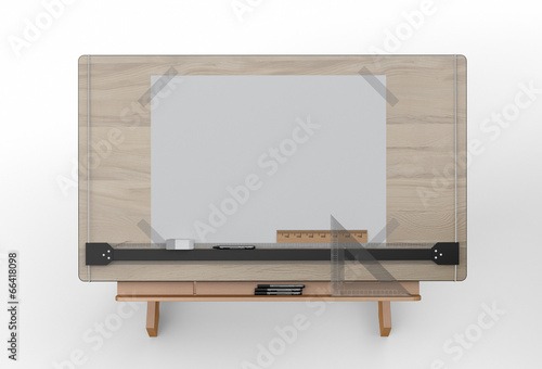 Top view of drawing table with tools , clipping path included