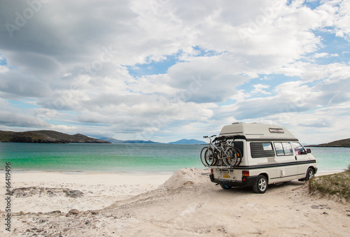Camper van parked on beach in the Isle of Lewis, Outer Hebrides © drimafilm