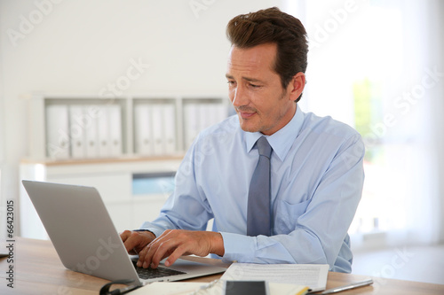 Handsome businessman in office working on laptop