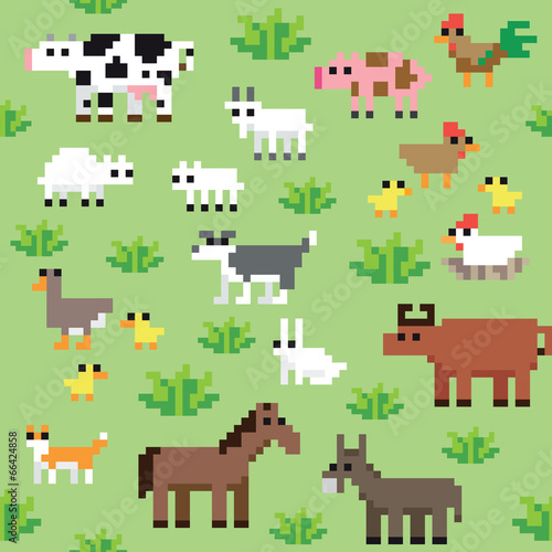 seamless retro pixel fram animals pattern © vectorific