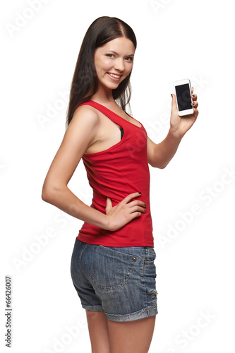 Young woman show display of mobile cell phone