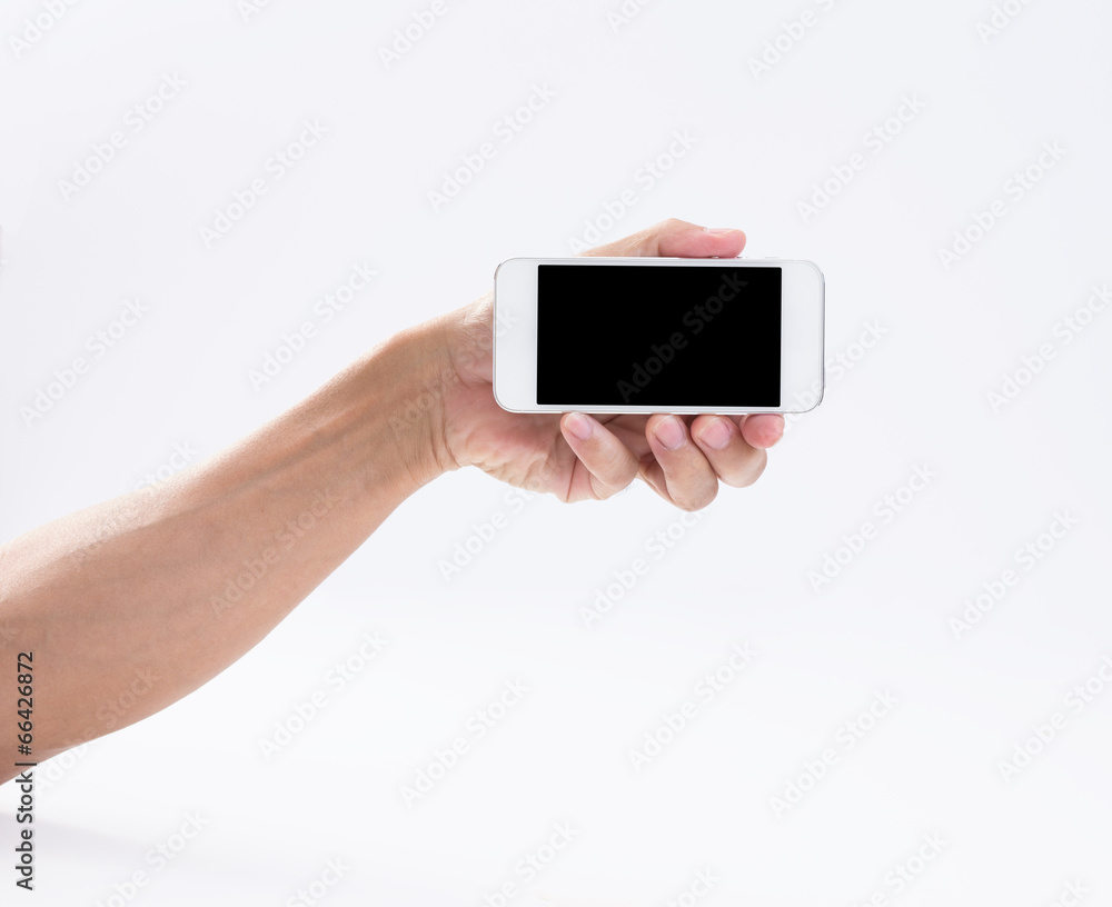 Man hand with smartphone on white background Man hand with smartphone on white background