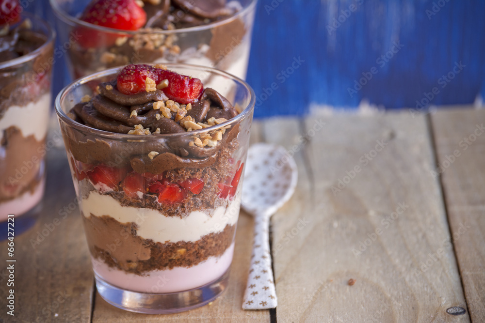 Chocolate cake dessert, yogurt and strawberries Chocolate cake dessert, yogurt and strawberries