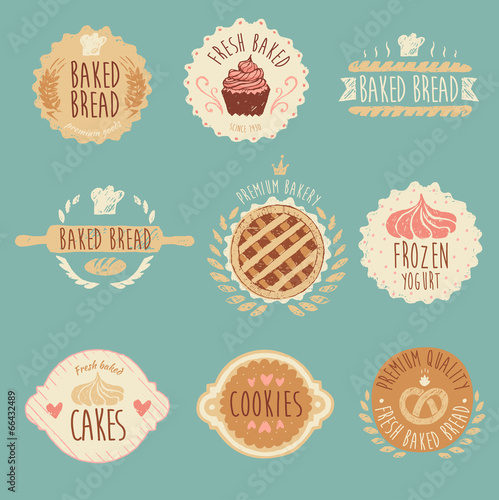 bakery labels set, baked bread, illustration, engraved style