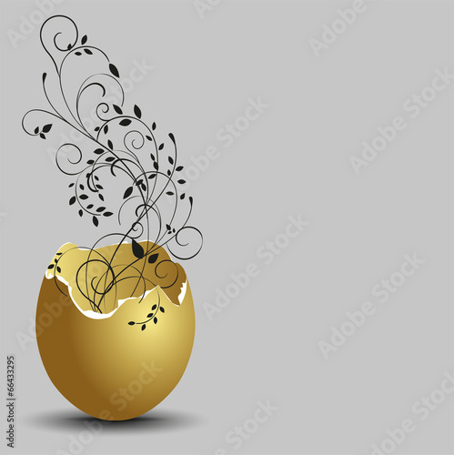gold ornamental flowers emerging from broken egg shells.