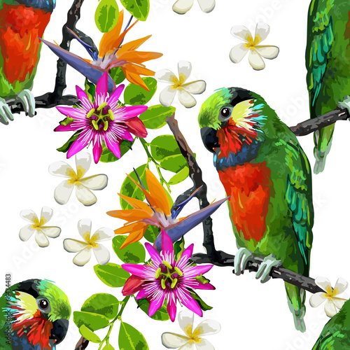 exotic birds and beautiful flowers