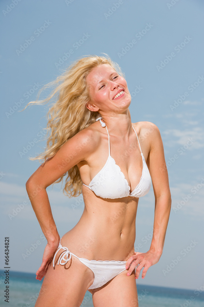 Naklejka premium woman in bikini on sea background