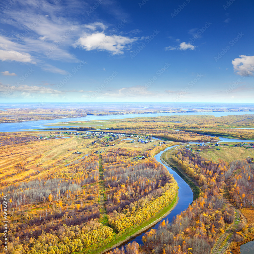 Top view to the lowland in autumn