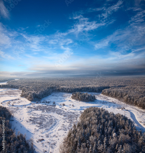 Forest river during frosty day, top view
