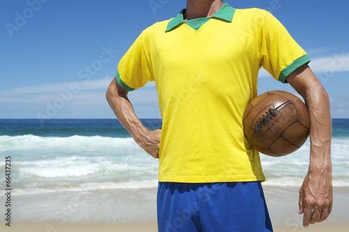 Brazilian Football Player Holding Soccer Ball Brazil Beach photo