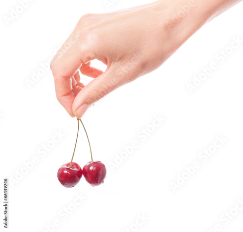 hand holding  two cherries on white background © Vasily Merkushev